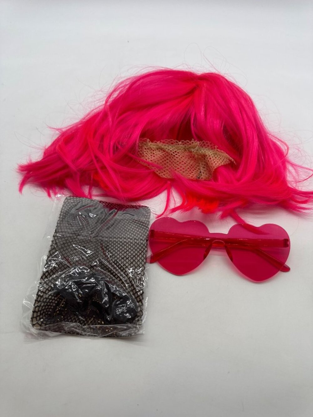 Pink Bob Wig With Heart Sunglasses & Fishnet Stockings Set
